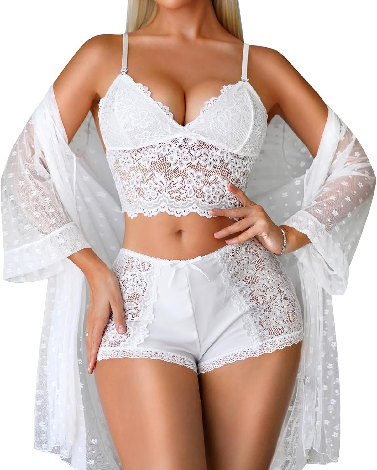 RSLOVE Ladies Horny Lingerie Set – 3 Piece Lace Bra and Panty Units with Mesh Kimono Gown Nightgown Sleepwear