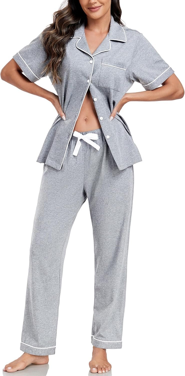 EA’S SECRET Womens 100% Cotton Pajama Units Brief Sleeve Shirt and Pajama Pants Gentle Sleepwear Button Down Pjs for Ladies EA’S SECRET Womens 100% Cotton Pajama Units Brief Sleeve Shirt and Pajama Pants Gentle Sleepwear Button Down Pjs for Ladies