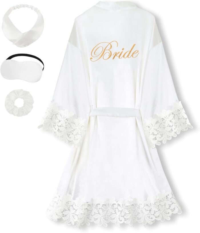 EPLAZA Bride Gown for Wedding ceremony Day Set Bridal Gown Lace Trim Silky Embroidery Satin Kimono for Bridal Celebration