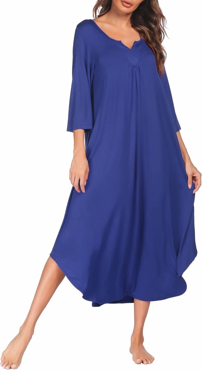 Ekouaer Lengthy Nightgown for Ladies 3/4 Sleeves Nightshirt Maxi Sleep Gown Plus Measurement Loungewear Full Size Sleepwear