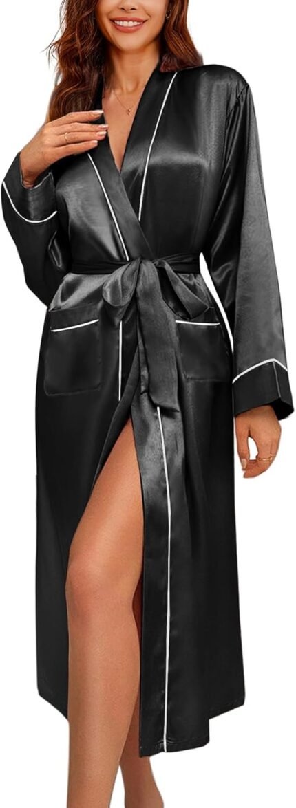 Ekouaer Satin Robes for Ladies Lengthy Sleeve Silk Bathrobe Comfortable Light-weight Full Size Sleepwear Bridesmaid Marriage ceremony Social gathering Robes