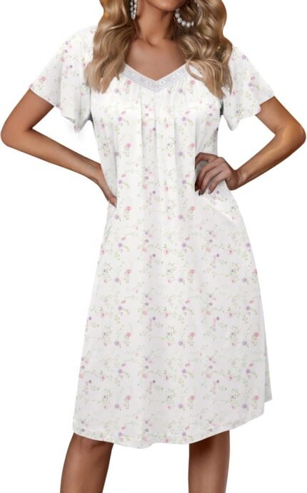 Ekouaer Womens Nightgown Lace Trim V Neck Sleep Shirt Flare Quick Sleeve Evening Robe Pleated Nightshirt Girls Nightdress