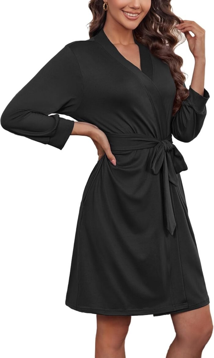 Ekouaer Ladies’s Gown Light-weight 3/4 Sleeve Knit Bathrobe Delicate Knee Size Sleepwear Robes with Pockets S-XXL