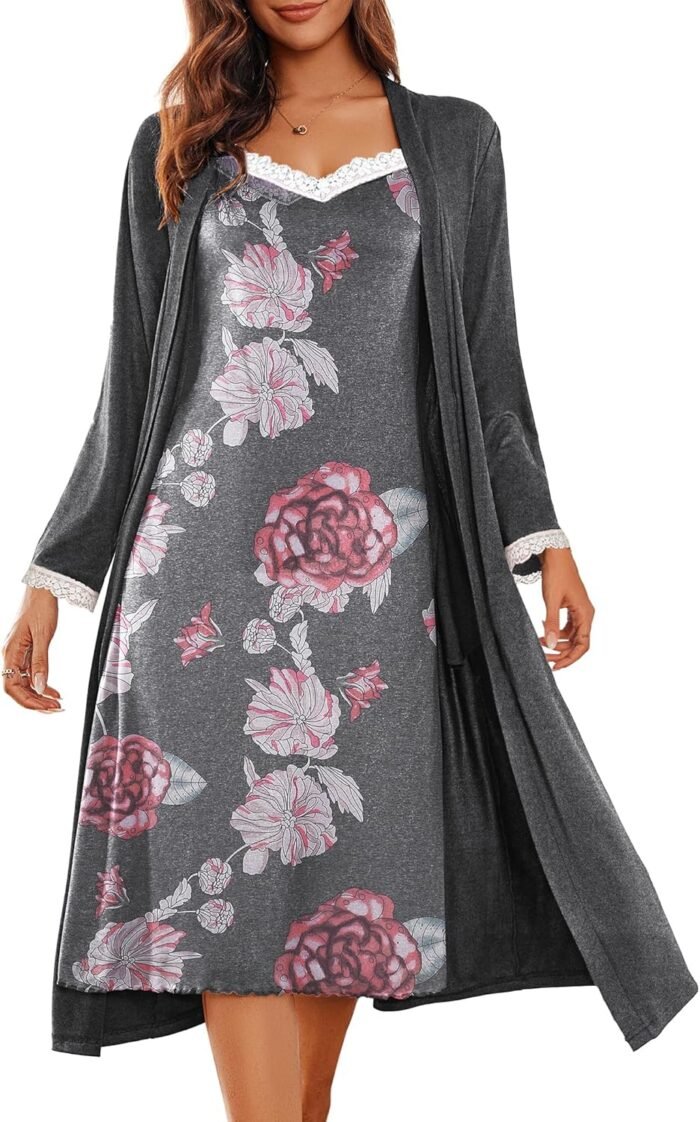 Ekouaer Ladies’s Attractive Nightgown with Robes Set 2 Piece Lace Full Size Knit Gentle Nightwear Light-weight Bathrobes S-XXL