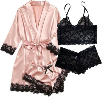 Hellomamma Silk Pajama Units for Ladies: Satin Horny Lingerie 4 Piece Sleepwear Cami Lace Pjs Set with Robes Hellomamma Silk Pajama Units for Ladies: Satin Horny Lingerie 4 Piece Sleepwear Cami Lace Pjs Set with Robes