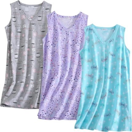 PNAEONG 3 Pack Womens Cotton Nightgown V Neck Nightshirts Sleeveless Sleepwear Informal Print Sleepdress