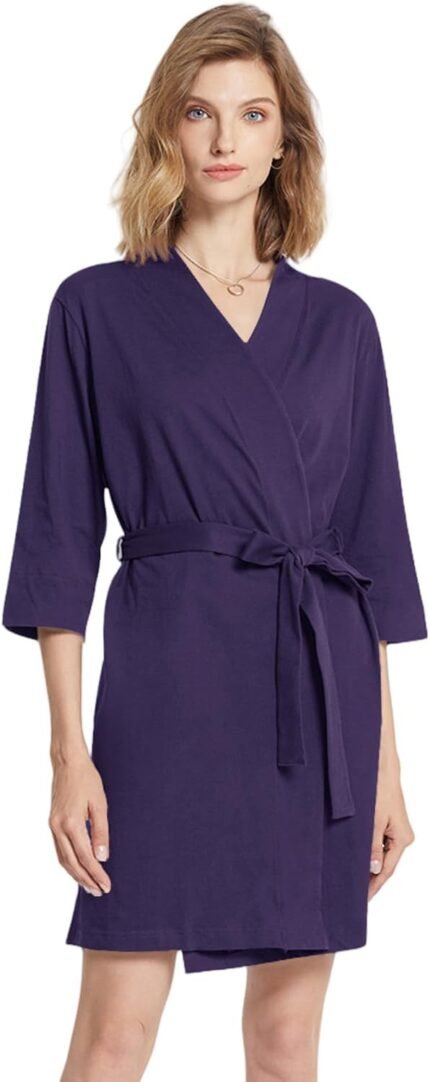 SIORO Womens 100% Cotton Gown, Knee-Size Bathrobe with V-Neck & 3/4 Sleeves, Plus Measurement Loungewear for Sleep, Spa & Bathe