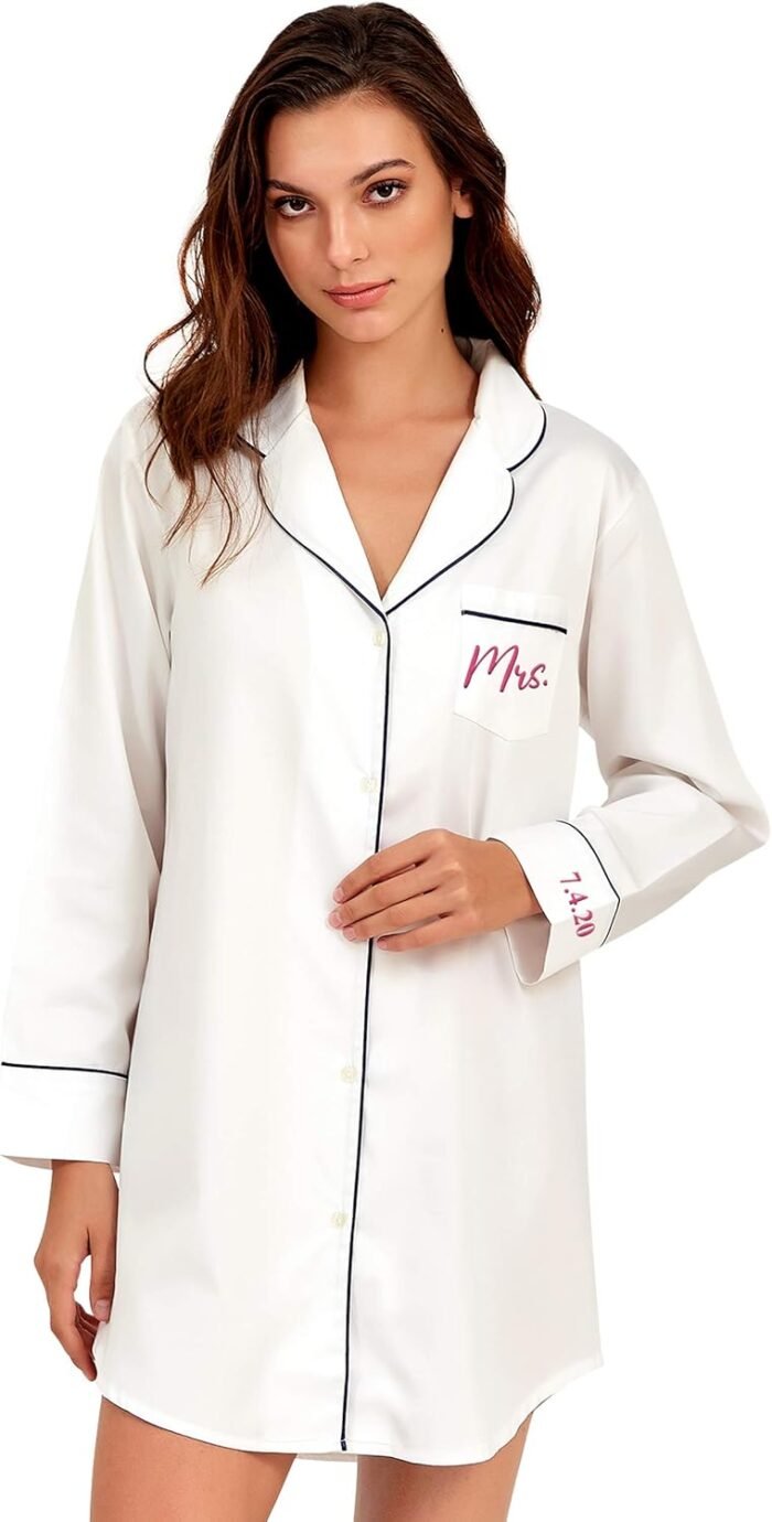 TEEAMORE Customized Ladies’s Nightgown Customized Lengthy Sleeve Sleepwear Marriage ceremony Bridal Bathe Embroidered Button Down Sleepdress