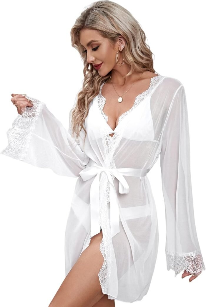 WDIRARA Ladies’s See By means of Lace Trim Lengthy Sleeve Belted Brief Sheer Gown Kimono