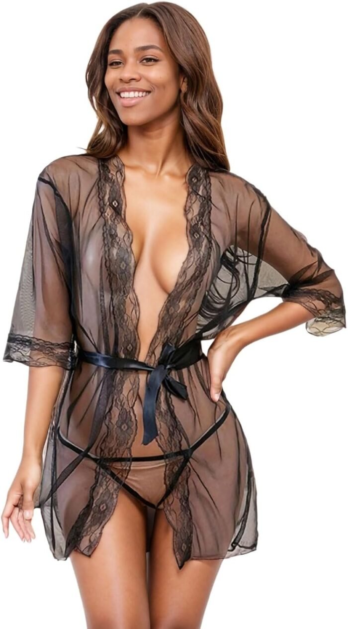Girls Attractive Lace Lingerie Gown, Sheer Kimono Gown Attractive Valentines Lingerie Black, Onesize 2-8