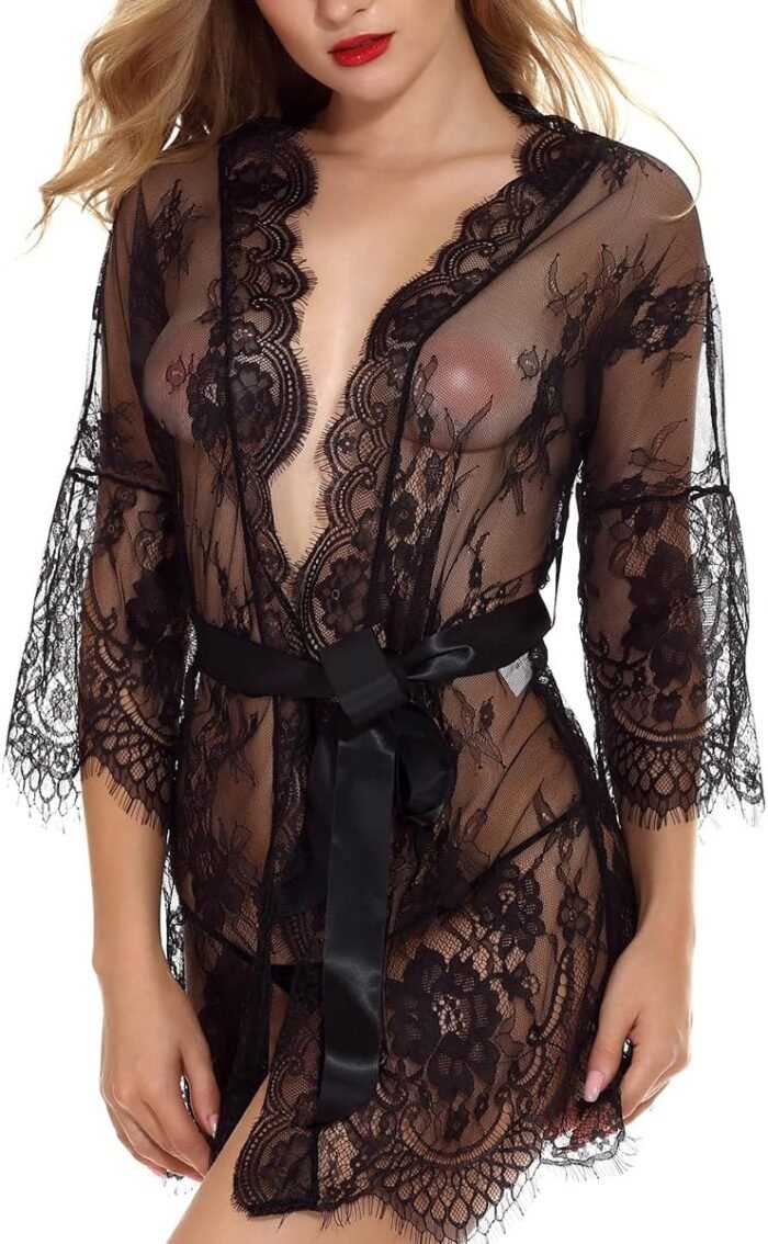 Girls Attractive Lace Gown Kimono Lingerie Babydoll Bathrobes Chemise Sheer Nightgowns Bridal Sleepwear for Marriage ceremony Celebration Covers up
