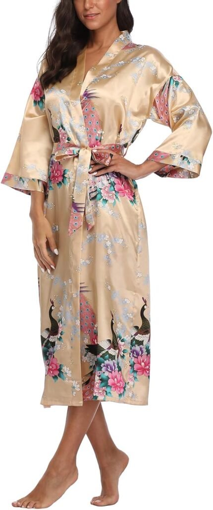 Ladies’s Kimono Gown Peacock & Blossom Gown Wedding ceremony Satin Bathrobe Nightgown