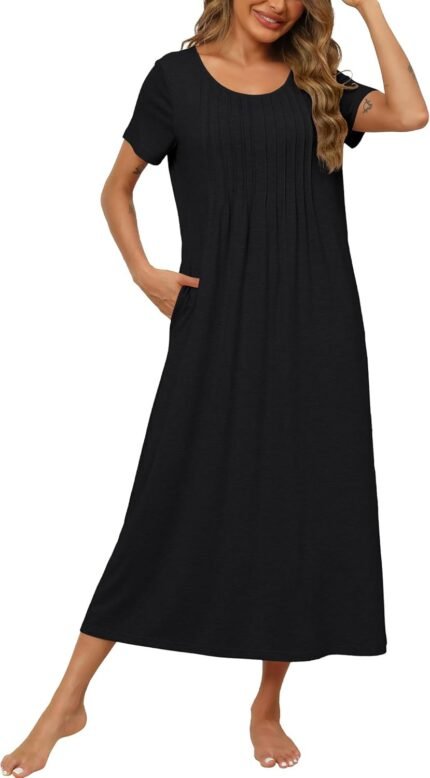 Ladies’s Lengthy Nightgown Quick Sleeve Loungewear Pleated Entrance Nightshirt with Pockets