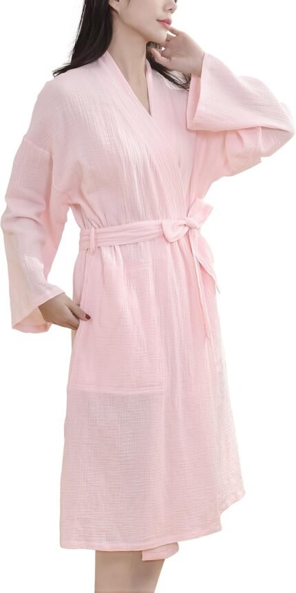 Girls’s Natural Cotton Bathrobe Lengthy Sleeve Light-weight Waist-Tie Tub Gown for Residence Spa Seaside Put on