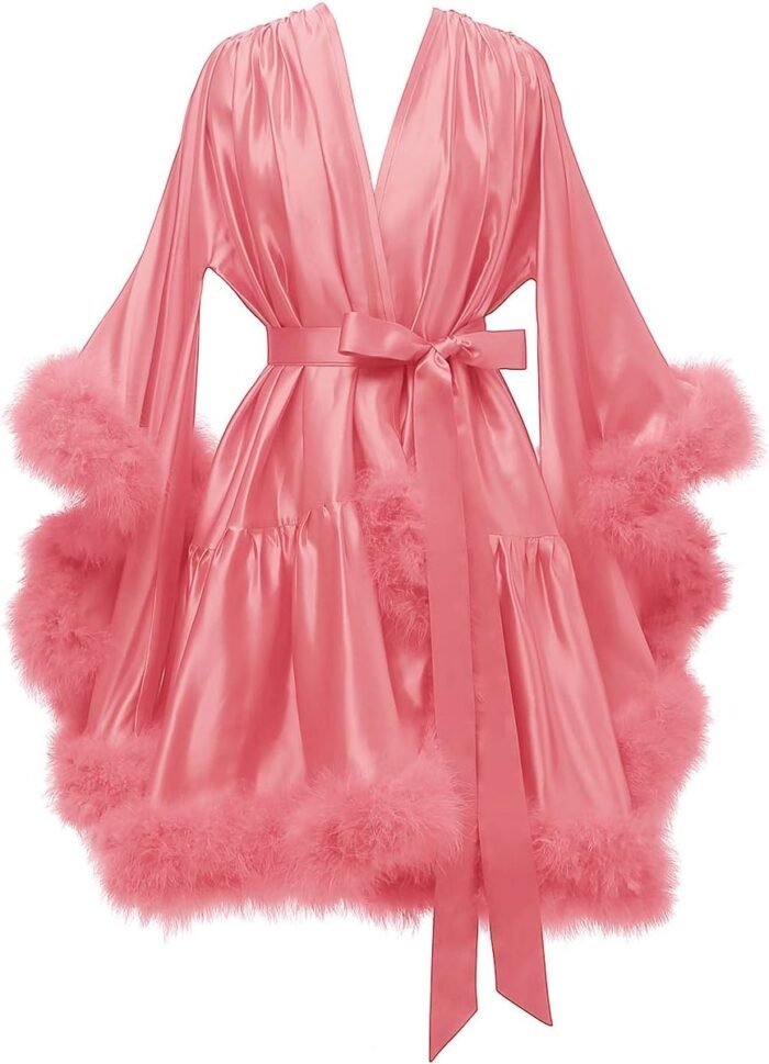 Yexinbridal Feather Fur Gown Silk Satin Bridal Dressing Robe Horny Phantasm Lingerie Nightgown Bathrobe Sleepwear