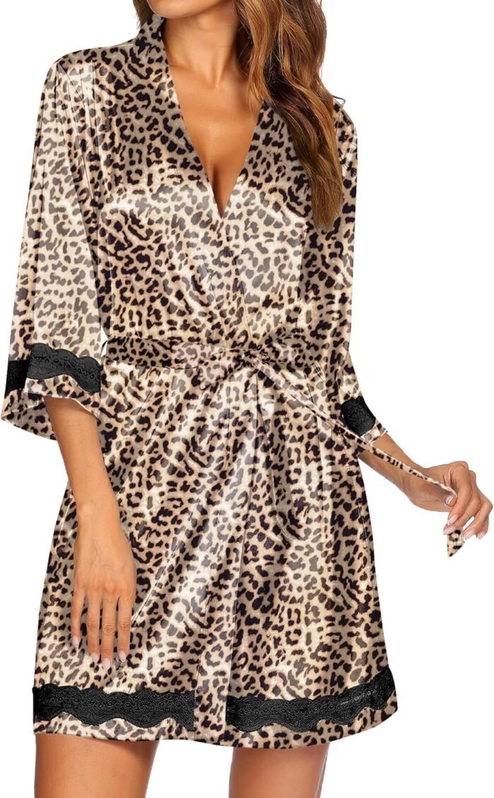 Ekouaer Girls’s Lace-Trim Silk Robes Bride Bridesmaid Kimono Satin Bathrobe V Neck Sleepwear with 3/4 Sleeve
