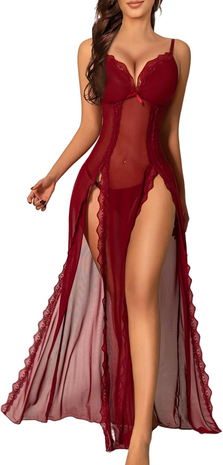 Ladies Lingerie Lace Babydoll Chemise Nightwear Horny Mesh Nightdress Facet Cut up Nightgown