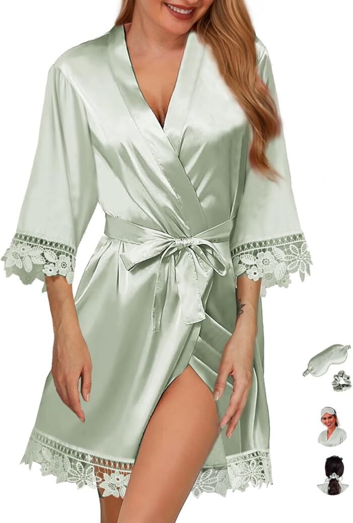 3Pcs Womens Satin Robes for Bride Bridesmaid Silk Bathrobes Silky Kimono Gown for Wedding ceremony Celebration Loungewear Lace Sleepwear
