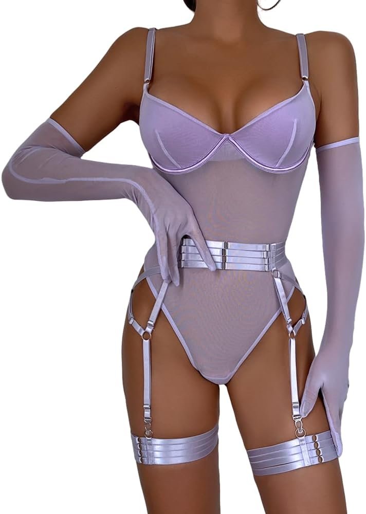 Ladies’s Attractive Mesh Lingerie Set Garter Teddy Neon Bodysuit with Underwire Chest assist, Babydoll & 1 Pair Gloves Ladies’s Attractive Mesh Lingerie Set Garter Teddy Neon Bodysuit with Underwire Chest assist, Babydoll & 1 Pair Gloves