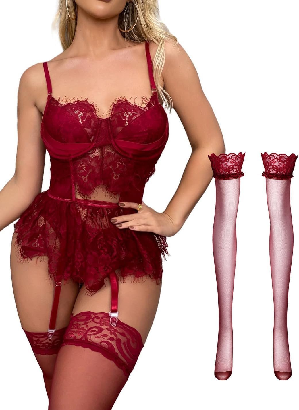 Lilosy Attractive Stocking Underwire Babydoll Lace Mesh Garter Lingerie Set with Panty 4 Piece Lilosy Attractive Stocking Underwire Babydoll Lace Mesh Garter Lingerie Set with Panty 4 Piece