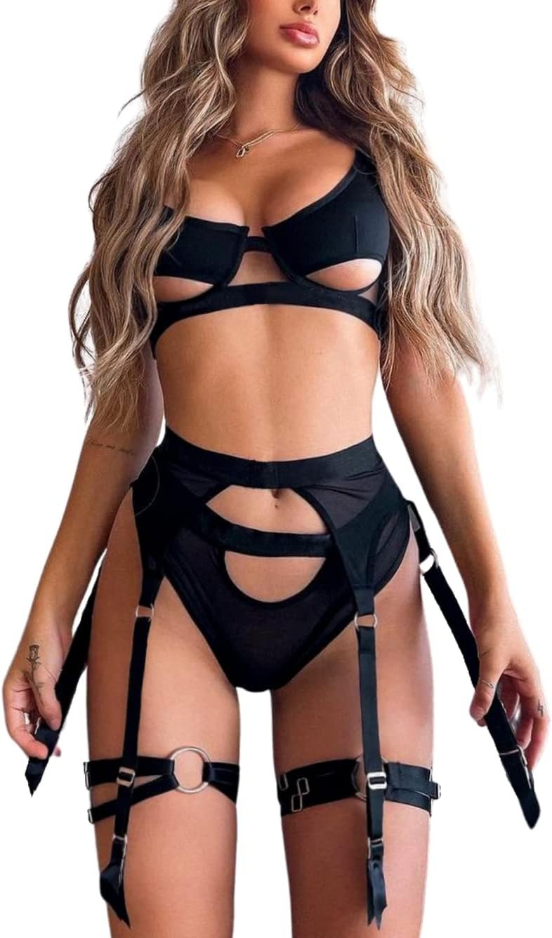 Kaei&Shi Strappy Garter Lingerie,Peekaboo Bra and Thong Set,Horny Rave Outfits for Girls Boudoir Date Evening Kaei&Shi Strappy Garter Lingerie,Peekaboo Bra and Thong Set,Horny Rave Outfits for Girls Boudoir Date Evening
