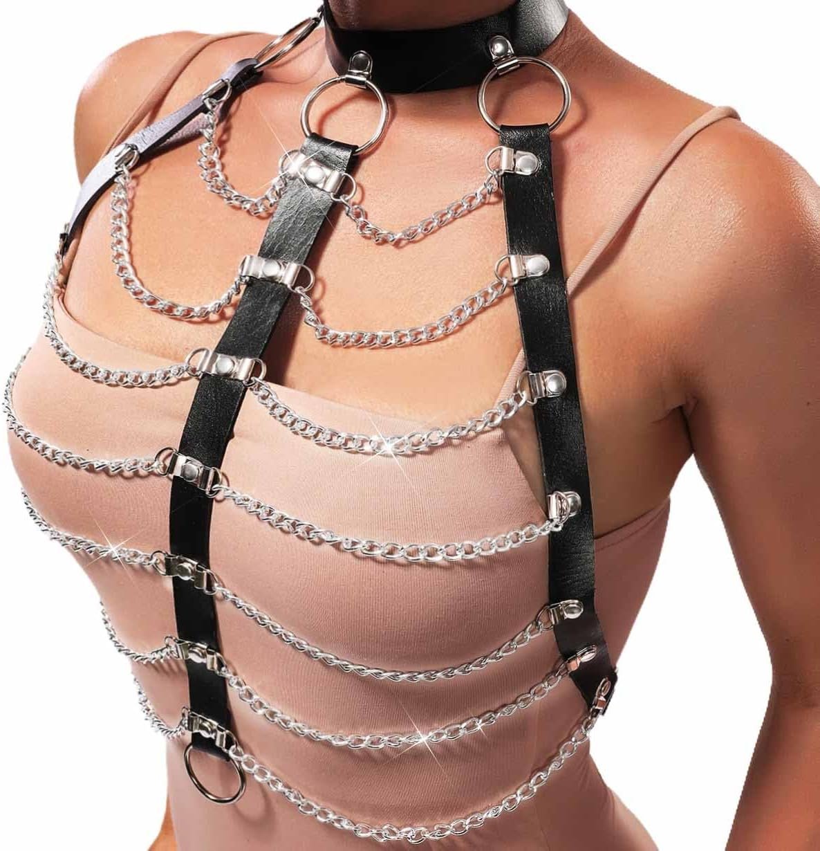 CLOACE Punk Layered Physique Chain Black Belt Leather-based Chest Chain Harness Choker Chain Physique Jewellery Equipment for Ladies CLOACE Punk Layered Physique Chain Black Belt Leather-based Chest Chain Harness Choker Chain Physique Jewellery Equipment for Ladies