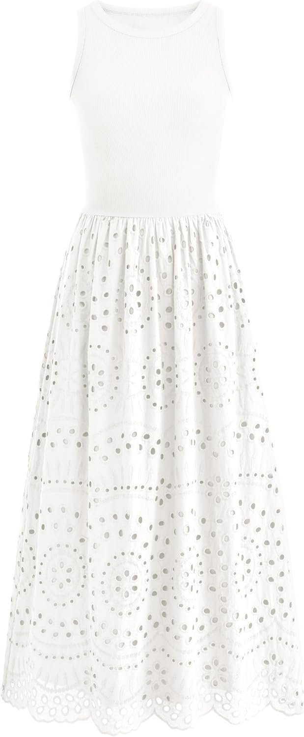 dowerme Girls Summer time Attire 2025 Informal Sleeveless Crewneck A-Line Boho Lace Eyelet Cotton Tank Maxi Gown with Pockets dowerme Girls Summer time Attire 2025 Informal Sleeveless Crewneck A-Line Boho Lace Eyelet Cotton Tank Maxi Gown with Pockets