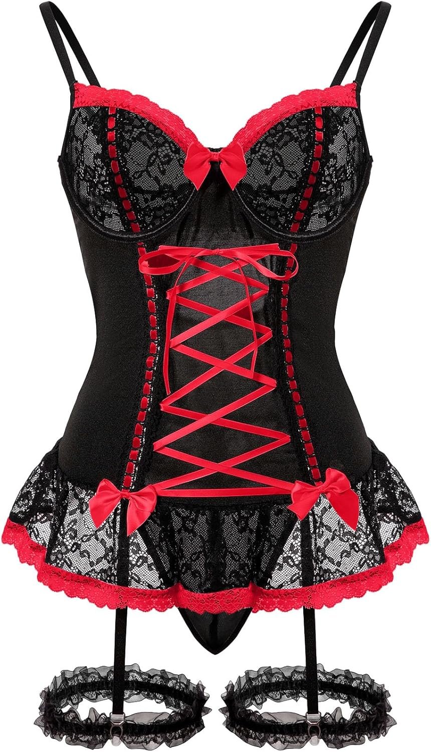 Attractive Rave Mesh Corset Ruffle Lace Up Underwire Sheer Garter Belt Babydoll Lingerie Set With Thong 3 Piece Girls Attractive Rave Mesh Corset Ruffle Lace Up Underwire Sheer Garter Belt Babydoll Lingerie Set With Thong 3 Piece Girls