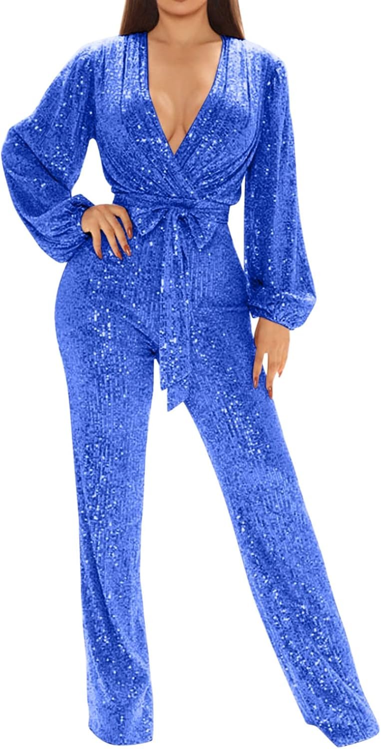 Ladies Informal Attractive V Neck Sparkly Jumpsuits Sequin Lengthy Sleeve Onesie Unfastened Pants Social gathering Clubwear with Belt Ladies Informal Attractive V Neck Sparkly Jumpsuits Sequin Lengthy Sleeve Onesie Unfastened Pants Social gathering Clubwear with Belt