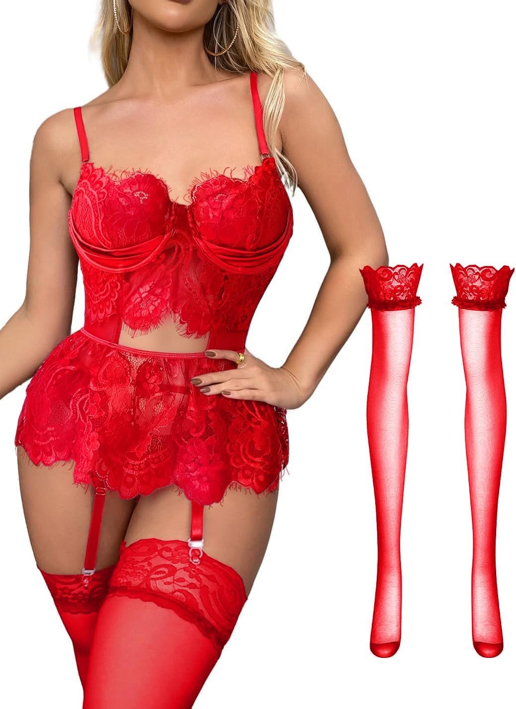 Lilosy Horny Stocking Underwire Babydoll Lace Mesh Garter Lingerie Set with Panty 4 Piece Lilosy Horny Stocking Underwire Babydoll Lace Mesh Garter Lingerie Set with Panty 4 Piece