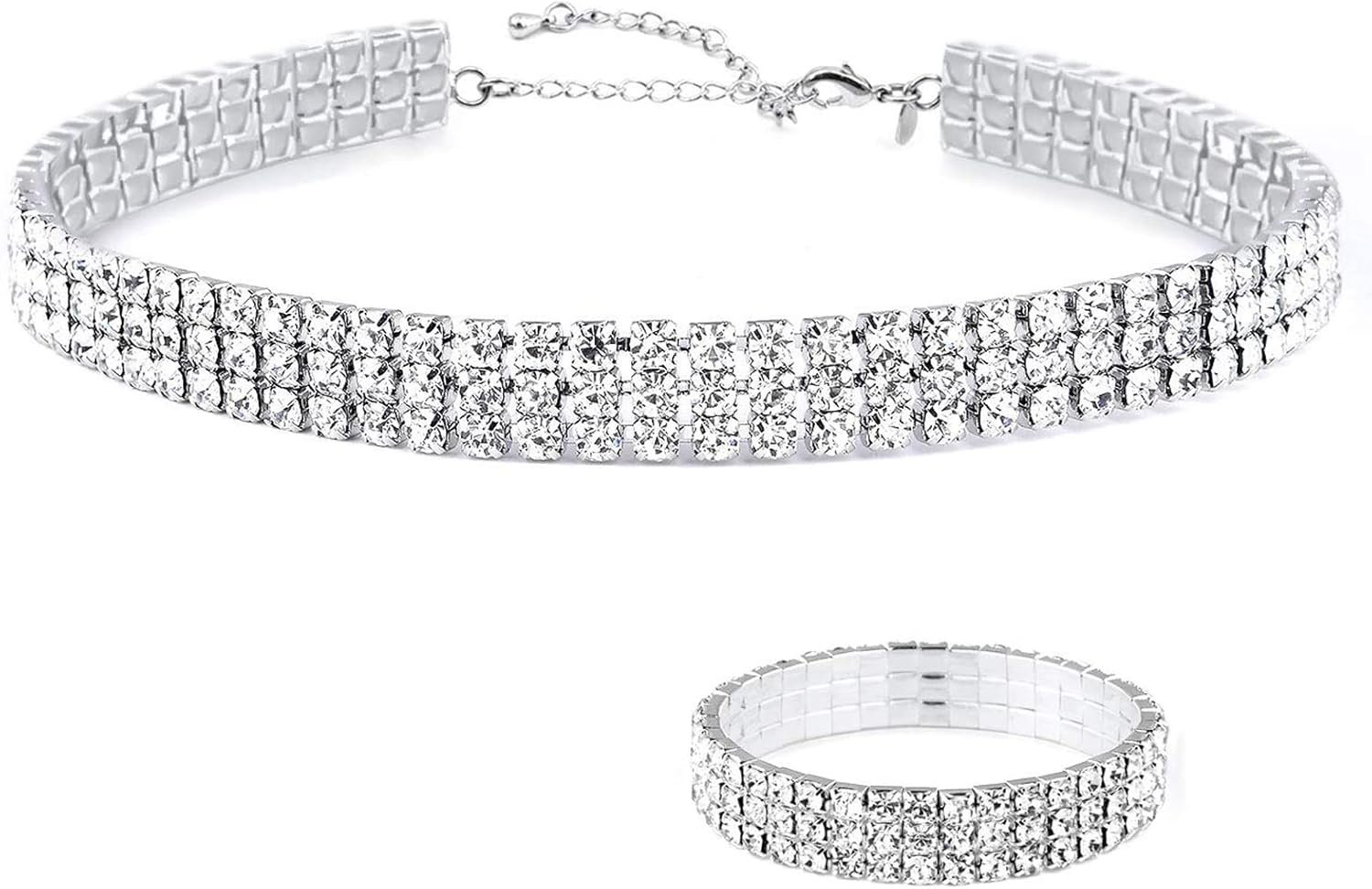 Zealmer 18K Gold Plated 1-6 Rows Rhinestone Choker Necklace & Bracelets Set Bridal Jewellery Zealmer 18K Gold Plated 1-6 Rows Rhinestone Choker Necklace & Bracelets Set Bridal Jewellery