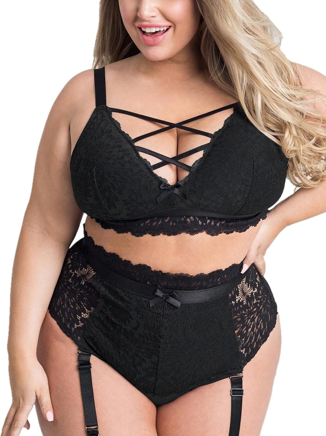 Plus Measurement Lingerie Set for Ladies Mesh Black Lace Bra Excessive Waist Suspender 2 Items Underwear Plus Measurement Lingerie Set for Ladies Mesh Black Lace Bra Excessive Waist Suspender 2 Items Underwear