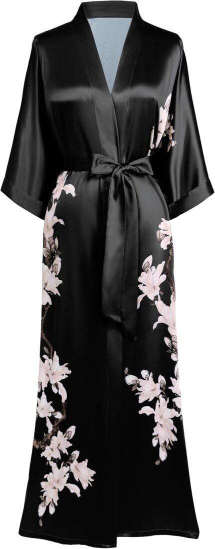 BABEYOND Kimono Gown Cowl up with Field Lengthy Floral Satin Sleepwear Silky Bathrobe Bachelorette Gown