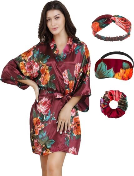 EPLAZA Ladies Floral Silky Satin Gown Wedding ceremony Bridal Celebration Bride Bridesmaid Robes Kimono Loungewear Dressing Robes