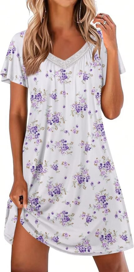 Ekouaer Womens Nightgown Lace Trim V Neck Sleep Shirt Flare Brief Sleeve Evening Robe Pleated Nightshirt Women Nightdress
