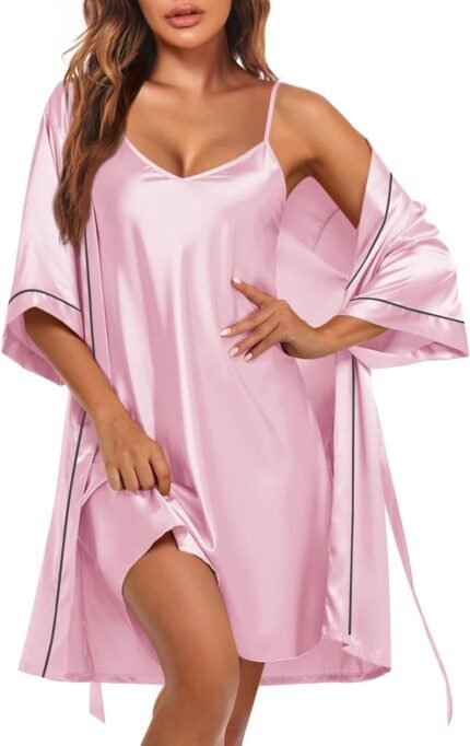 Ekouaer Girls’s Silk Gown Set V Neck 2 Piece Satin Bathrobes 3/4 Sleeves Bridal Sleepwear Attractive Cami Nightgown