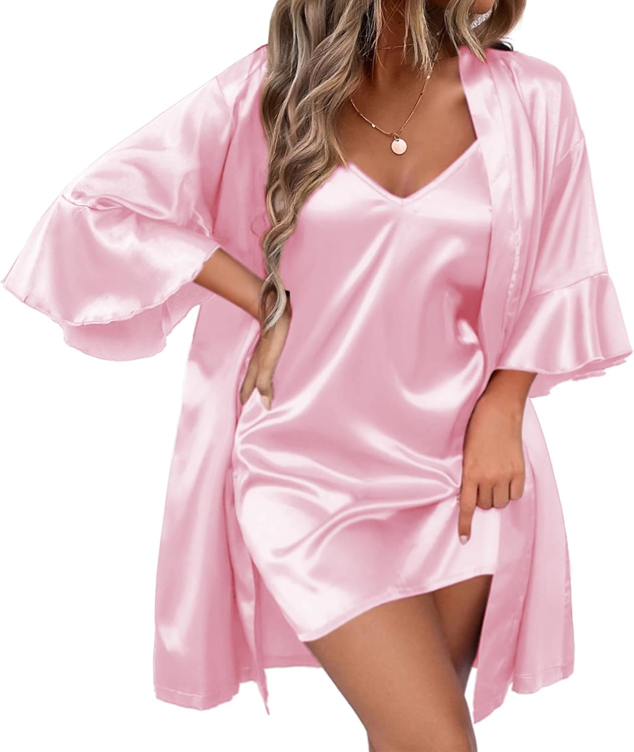 Ekouaer Ladies’s Silk Gown Set V-neck 2 P…