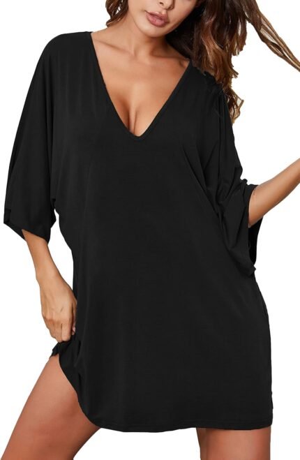 Ekouaer Girls’s Sleepshirt Deep V Neck Nightgown Batwing Nightshirt Outsized Sleepwear