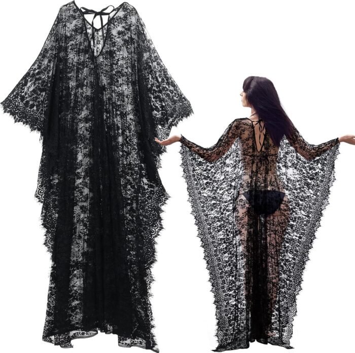 Mepase Boho Witch Lace Kimono Kaftan Gown Gown Bikini Swimsuit Seaside Cowl up for Girls Maternity Vampire Carnival Costume