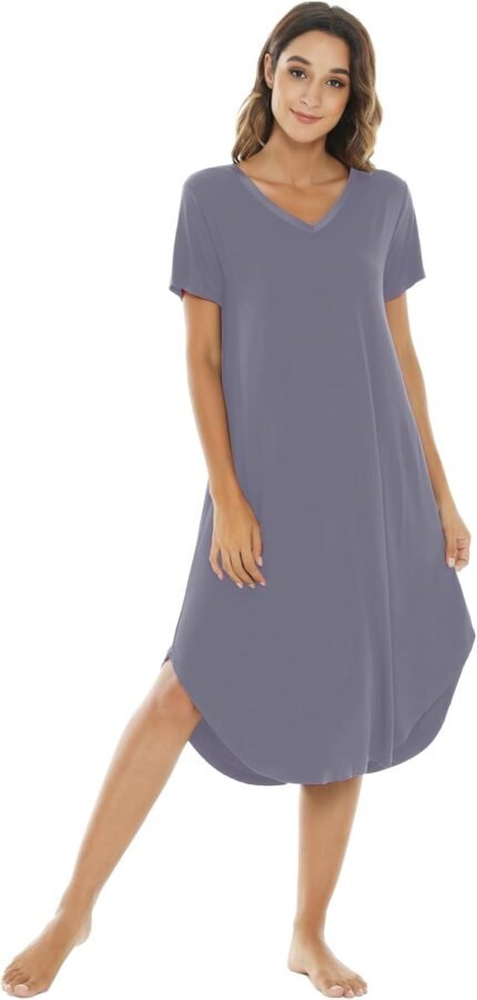 NACHILA Nightgowns for Girls-Viscose Created from Bamboo, V Neck Sleepshirts Brief Sleeve Sleepwear Cool Nightshirt