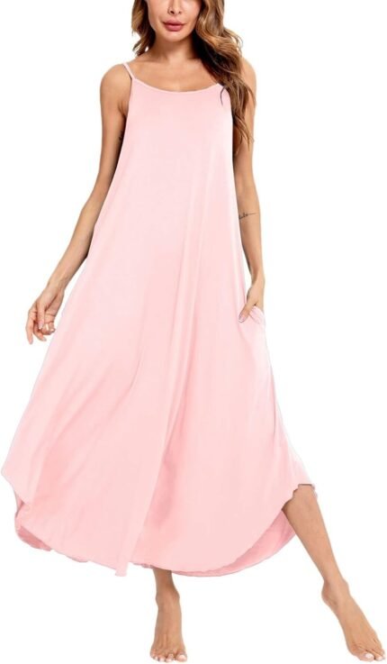 SWOMOG Ladies Lengthy Nightgown Pajama Costume Delicate Strap Nightdress Summer season Sleeveless Nightshirt Lounge Costume with Pockets SWOMOG Ladies Lengthy Nightgown Pajama Costume Delicate Strap Nightdress Summer season Sleeveless Nightshirt Lounge Costume with Pockets