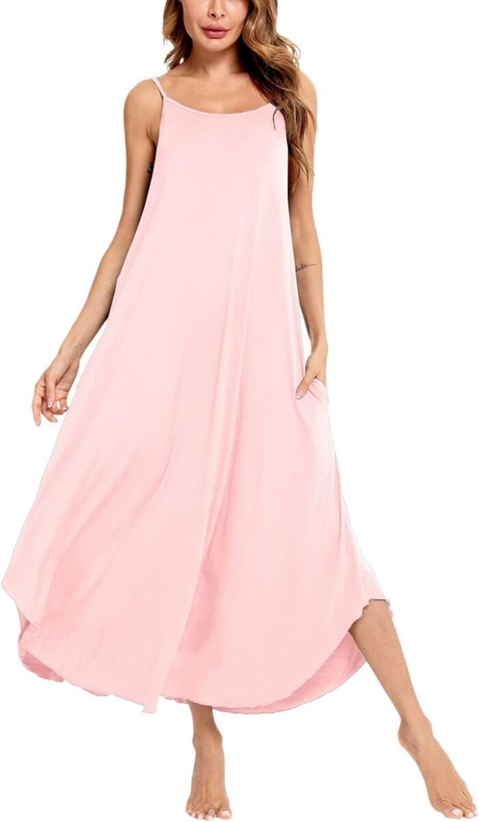 SWOMOG Ladies Lengthy Nightgown Pajama Costume Delicate Strap Nightdress Summer season Sleeveless Nightshirt Lounge Costume with Pockets