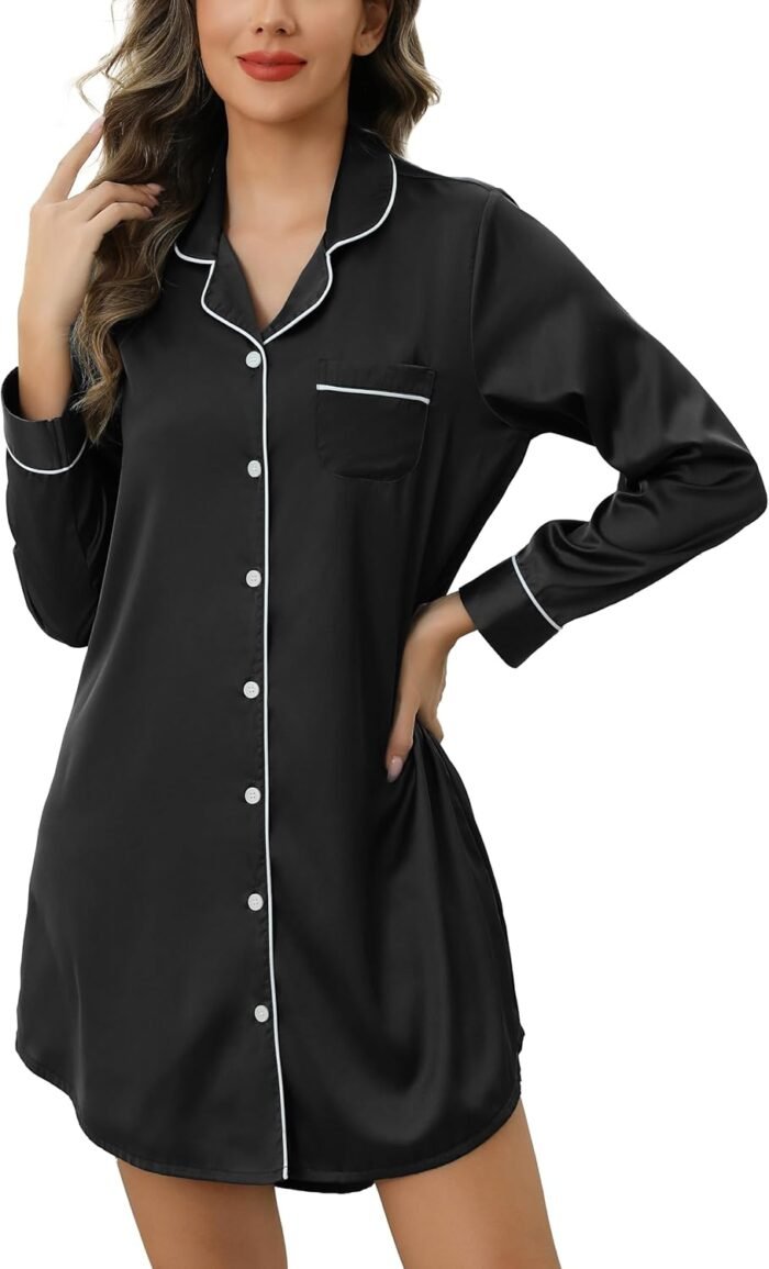 Samring Ladies’s Satin Nightshirt Quick/Lengthy Sleeve Button Down Sleepshirt Silk Pajamas Sleep Shirt Nightgown for Ladies