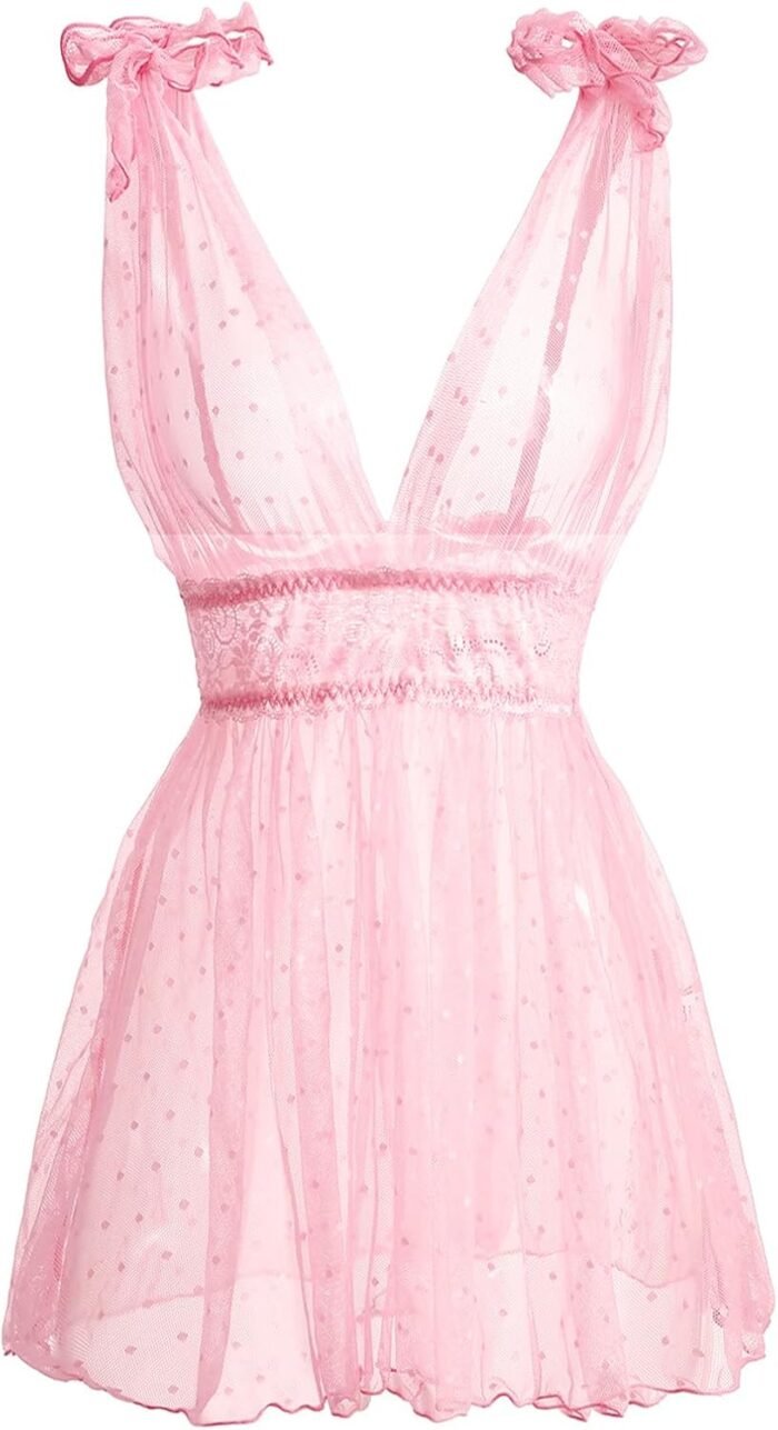 Horny Girls’s Black Sheer Nightgown with Polka Dots and Lace for Girls – Elegant Sleepwear