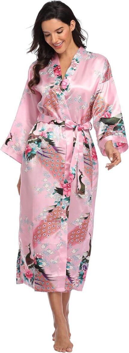 Valennia Girls Lengthy Silky Bathrobe Satin Kimono Gown Floral Printed Dressing Robe Sleepwear