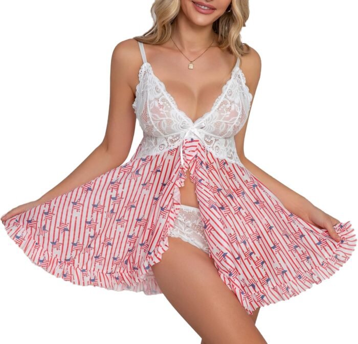 Girls Horny Lingerie Open Entrance Babydoll Gown Lace Chemise Sleepwear Mesh Nightgown with Thong