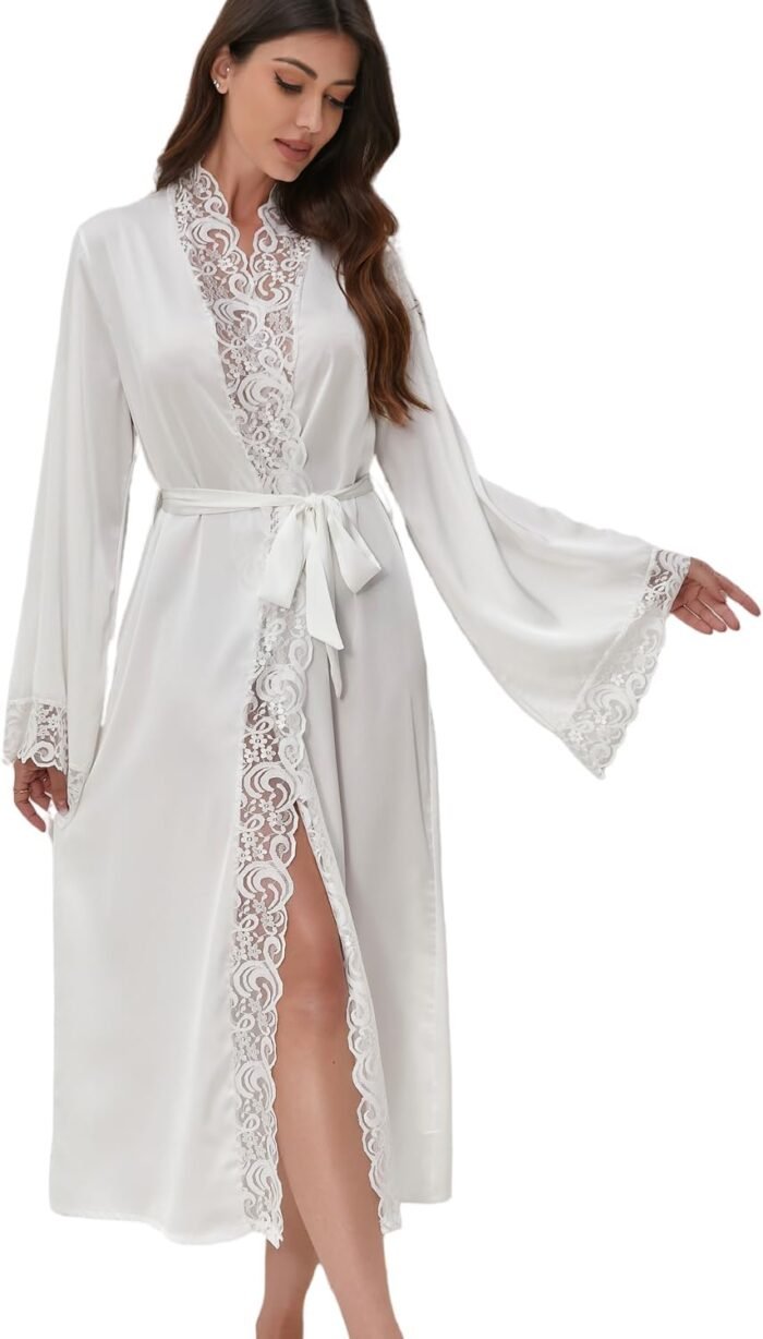 Girls Attractive Satin Lace Gown,Lengthy Sleeve Silk Bathrobe with Belt Mushy Light-weight Full Size Sleepwear