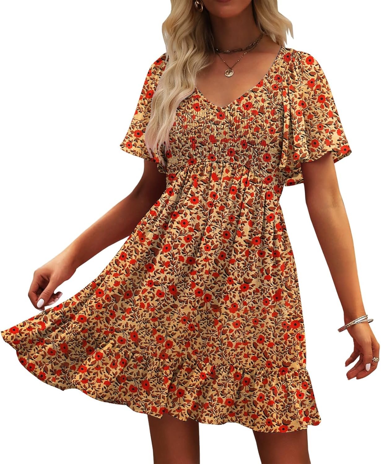 Womens Cute Floral Smocked V Womens Cute Floral Smocked V