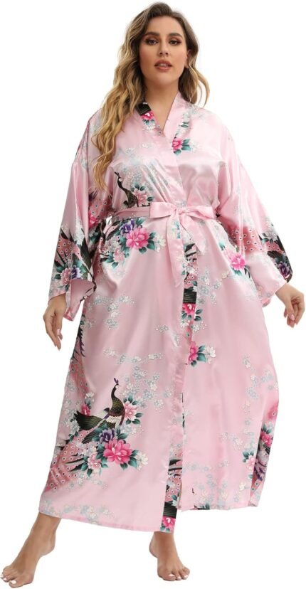 Girls’s Floral Lengthy Satin Robes Plus Dimension Lengthy Silk Robes Peacock Floral Kimonos Sleepwear Dressing Robe