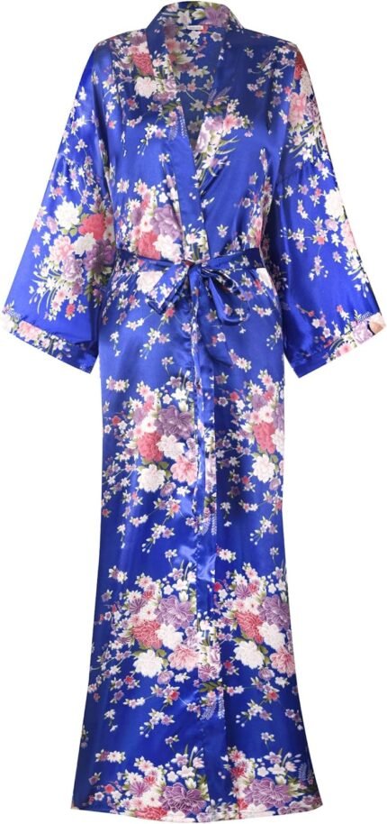 Ladies’s Lengthy Kimono Robes Silky Floral Bathrobe with Blossoms Printed Bridesmaid Marriage ceremony Nightgown